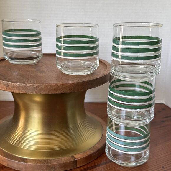 Vintage Green And White Small 8 Ounce Striped Juice Glasses Set of 5 - Picture 9 of 11